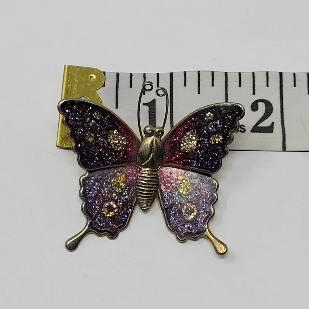 Vintage Gold Tone Purple Sparkle Confetti Enamel Butterfly Brooch‎ Pin Pendant